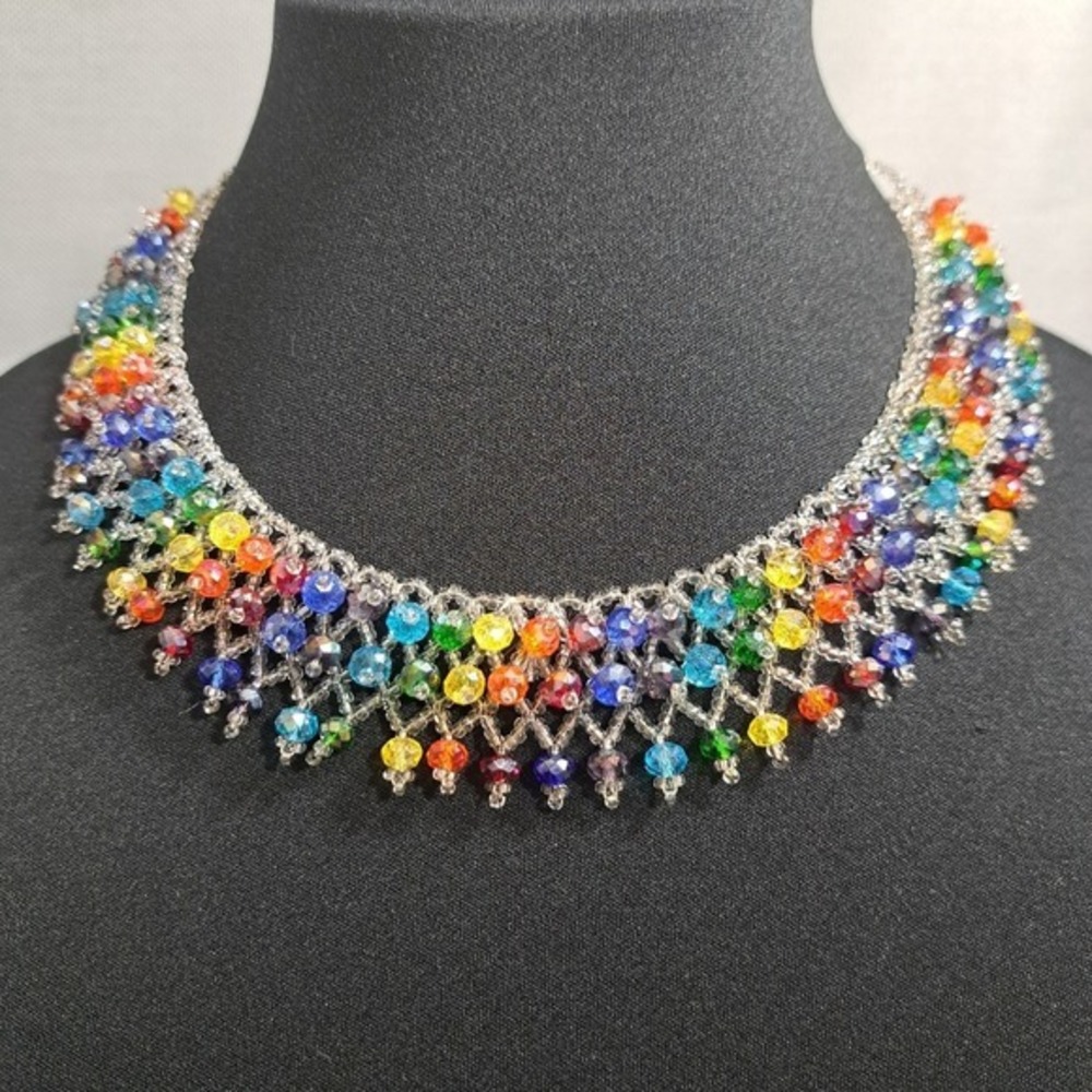 Handmade Women's Choker Necklace Clear & Rainbow Colors Beads Size 9 Inches